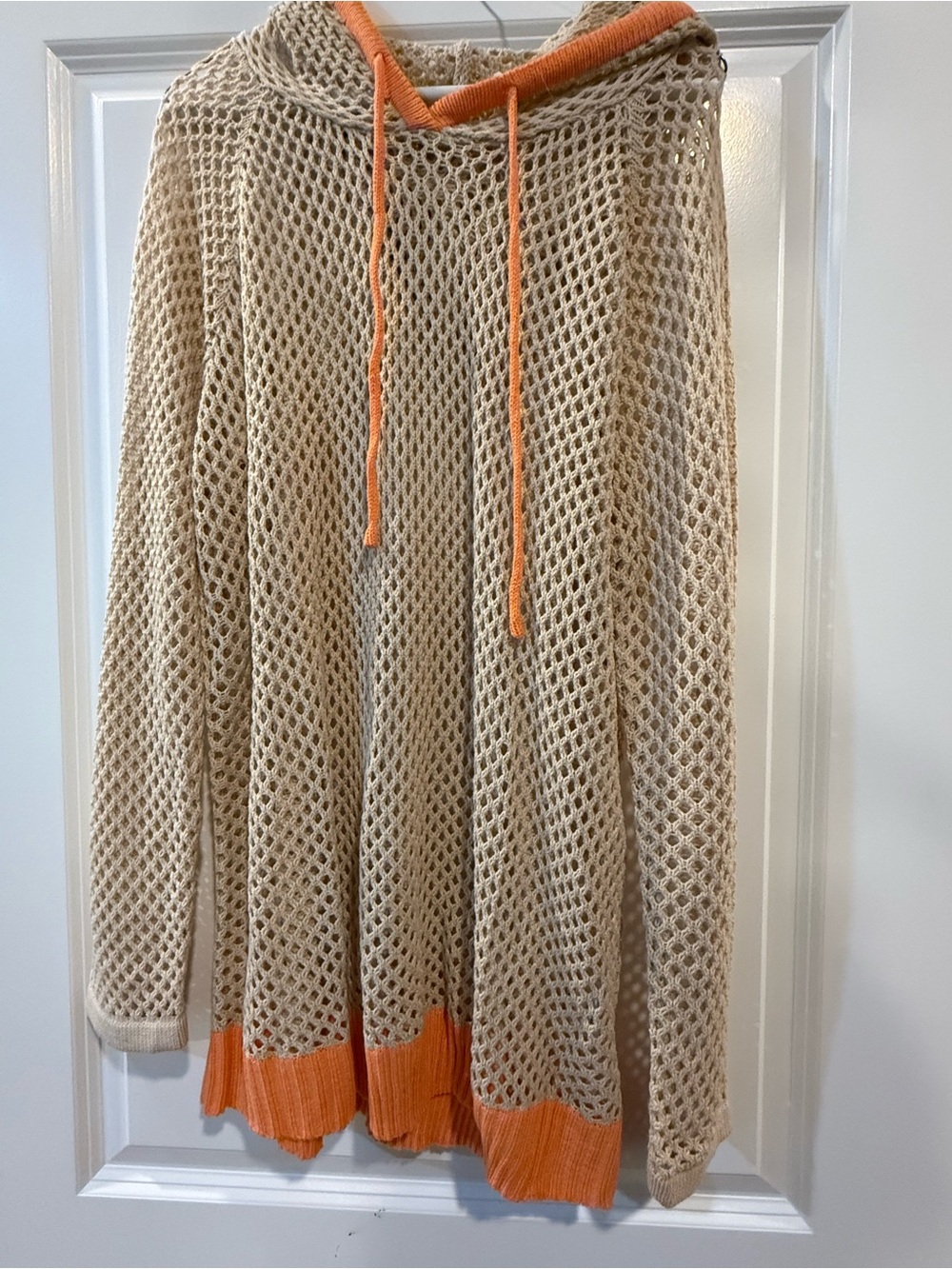 Lightweight Cream Open-Knit Hoodie Sweater with Orange Trim